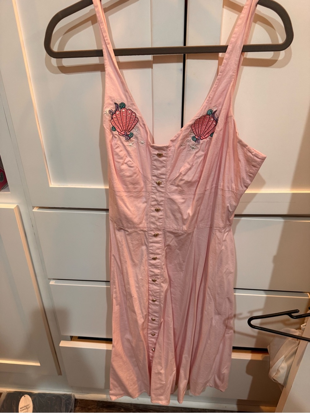 Hell Bunny Light Pink Sleeveless Button-Front Chemise with Shell Embroidery